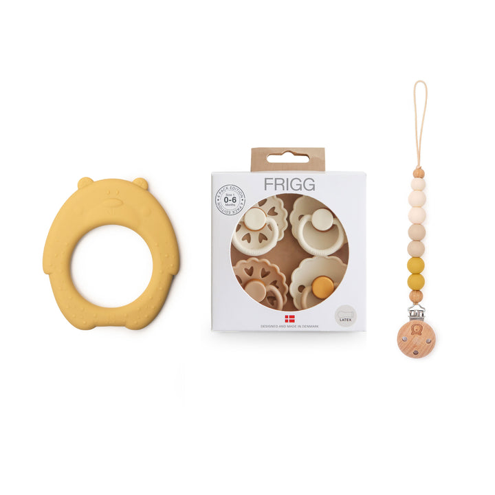 JBØRN Honey Bear Teether + FRIGG Pacifiers & Matching Clip - Personalisable Baby Products Sold and Personalised by JustBørn