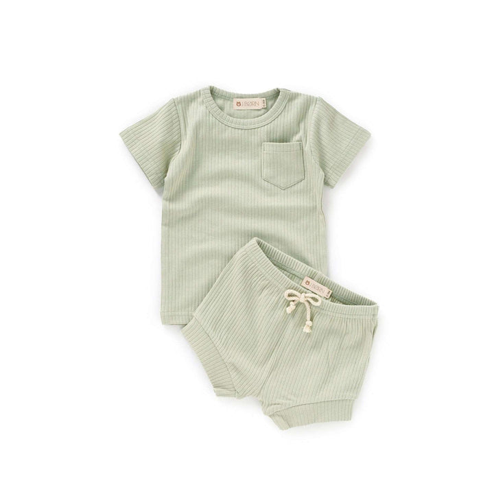 JBØRN Organic Cotton Ribbed Baby T-Shirt & Shorts Set | 12+ Months ribbed Sage - Personalisable Baby Products Sold and Personalised by JustBørn