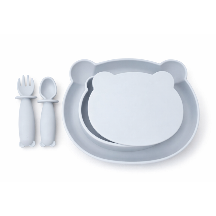 JBØRN 4-Piece Silicone Weaning Set | Suction Bowl with Lid, Plate & Cutlery 4-Piece Set | Powder Blue - Personalisable Baby Products Sold and Personalised by JustBørn