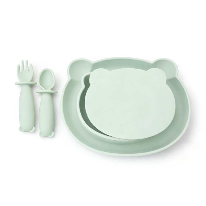JBØRN 4-Piece Silicone Weaning Set | Suction Bowl with Lid, Plate & Cutlery 4-Piece Set | Seafoam - Personalisable Baby Products Sold and Personalised by JustBørn