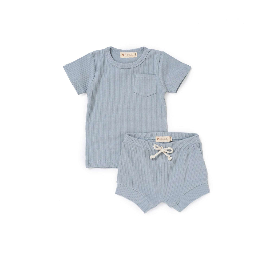 JBØRN Organic Cotton Ribbed Baby T-Shirt & Shorts Set | 12+ Months ribbed Cloud - Personalisable Baby Products Sold and Personalised by JustBørn