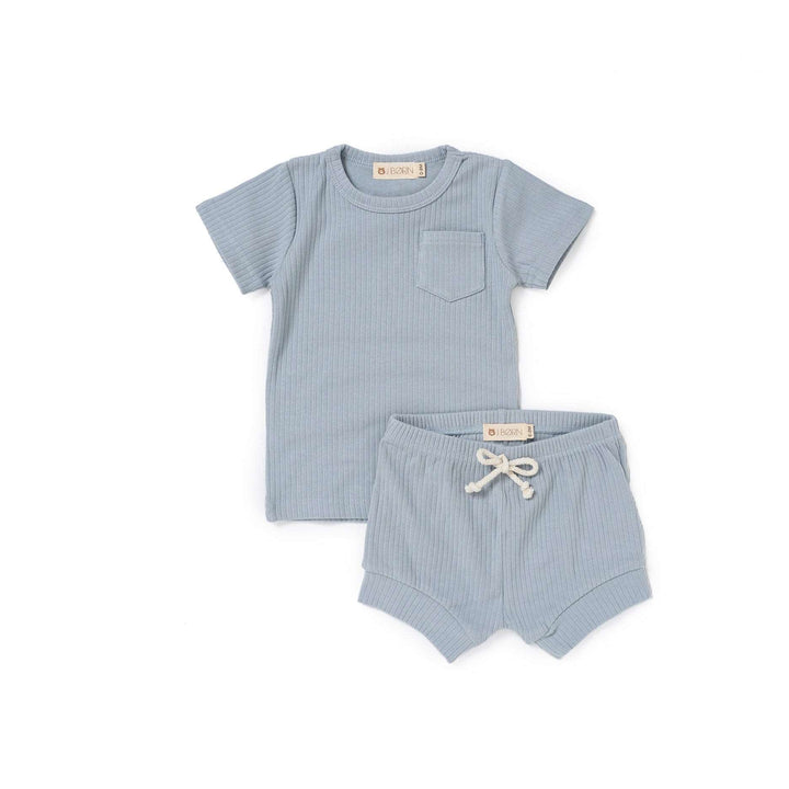 JBØRN Organic Cotton Ribbed Baby T-Shirt & Shorts Set | 12+ Months ribbed Cloud - Personalisable Baby Products Sold and Personalised by JustBørn