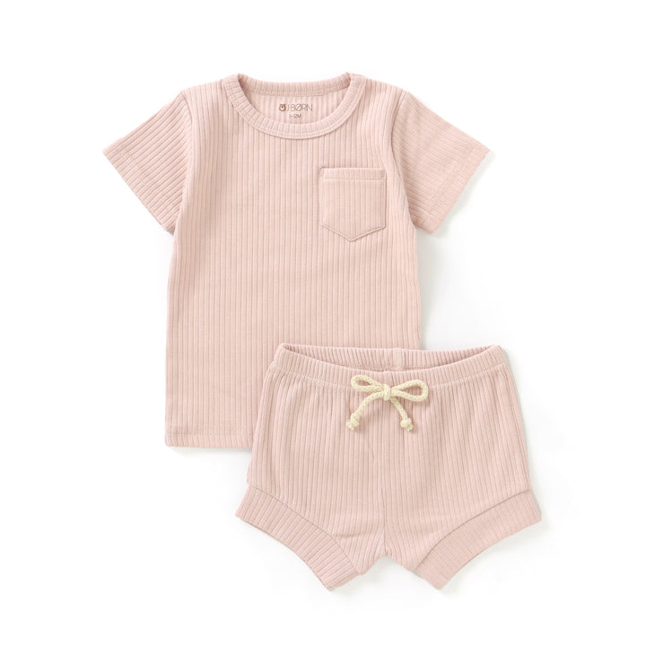JBØRN Organic Cotton Ribbed Baby T-Shirt & Shorts Set | 12+ Months ribbed Blush - Personalisable Baby Products Sold and Personalised by JustBørn