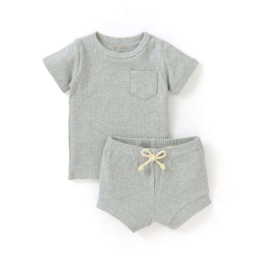 JBØRN Organic Cotton Ribbed Baby T-Shirt & Shorts Set | 12+ Months ribbed Grey - Personalisable Baby Products Sold and Personalised by JustBørn
