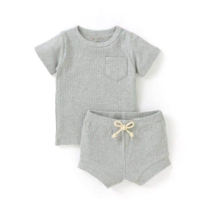 JBØRN Organic Cotton Ribbed Baby T-Shirt & Shorts Set | 12+ Months ribbed Grey - Personalisable Baby Products Sold and Personalised by JustBørn