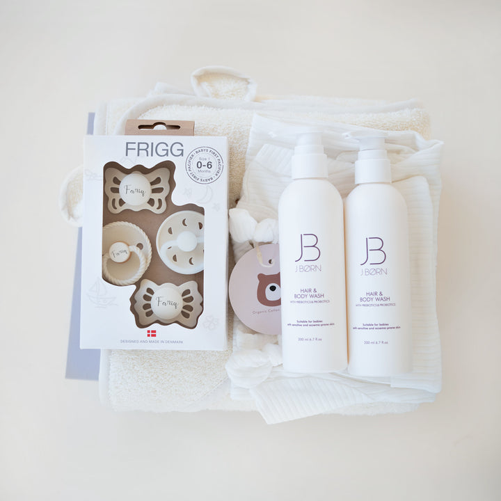JBØRN Gift Set 0-3 Months | First Pacifiers, Organic Cotton Towel, Sleep Suit & Skin Care Set Ivory - Personalisable Baby Products Sold and Personalised by JustBørn
