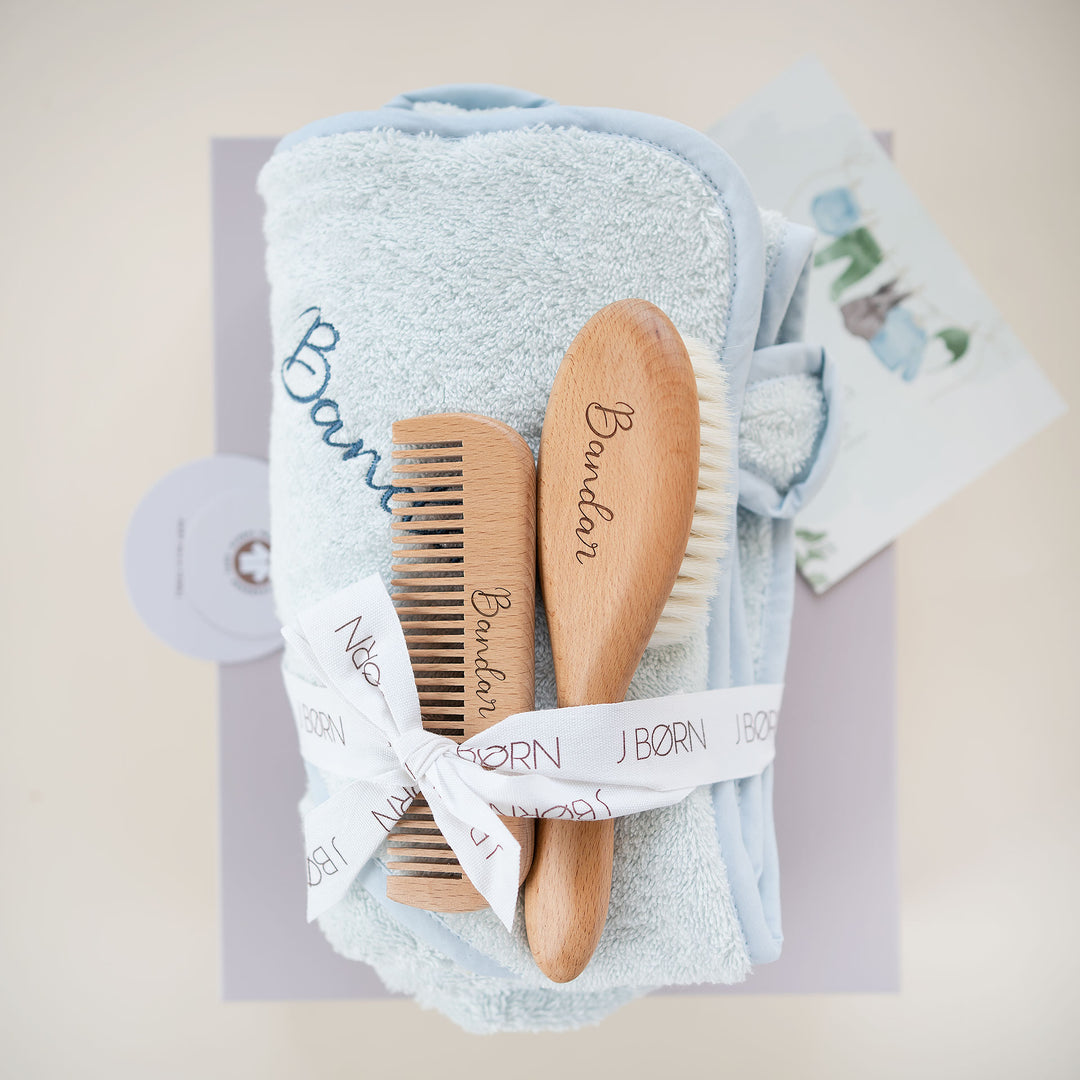 JBØRN Baby Gift Set | Organic Cotton Towel & Hair Brush Set - Personalisable Baby Products Sold and Personalised by JustBørn