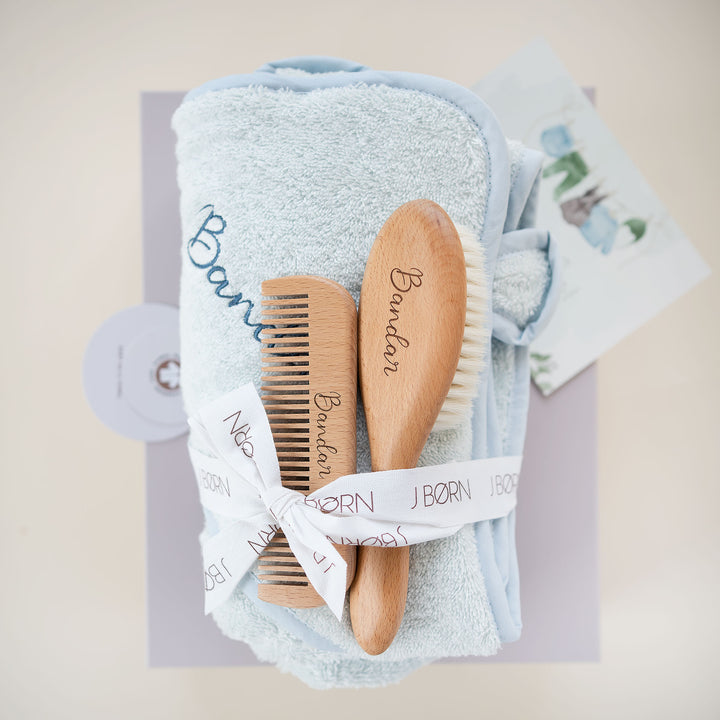 JBØRN Baby Gift Set | Organic Cotton Towel & Hair Brush Set - Personalisable Baby Products Sold and Personalised by JustBørn