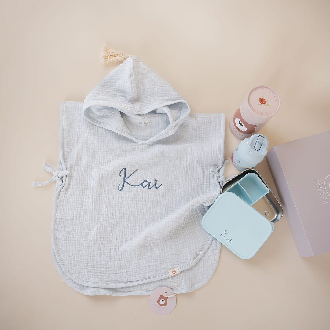 JBØRN Beach Set | Hooded Poncho, Water Bottle & Snack Box - Personalisable Baby Products Sold and Personalised by JustBørn