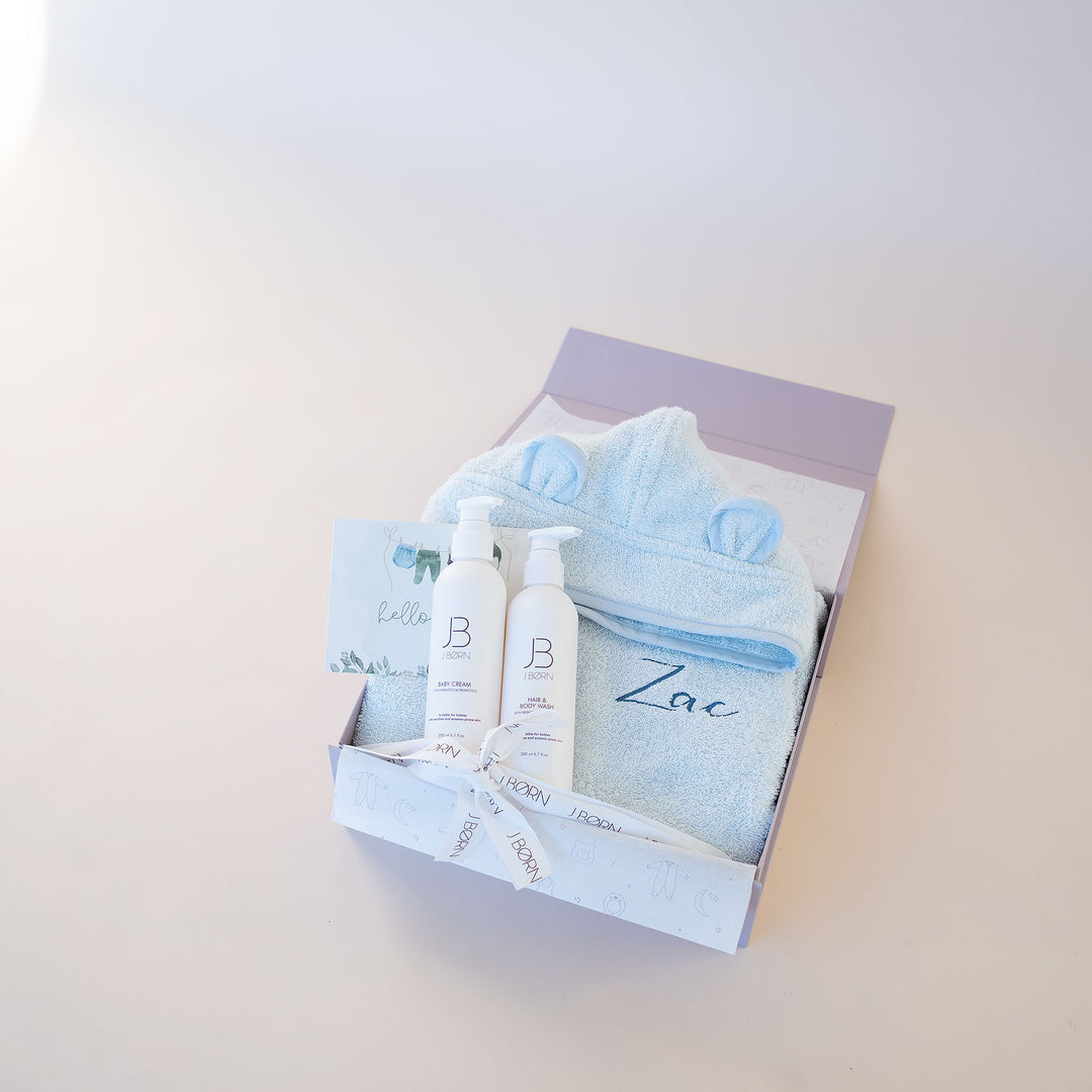 JBØRN Baby Bathrobe & Skincare Gift Set - Personalisable Baby Products Sold and Personalised by JustBørn