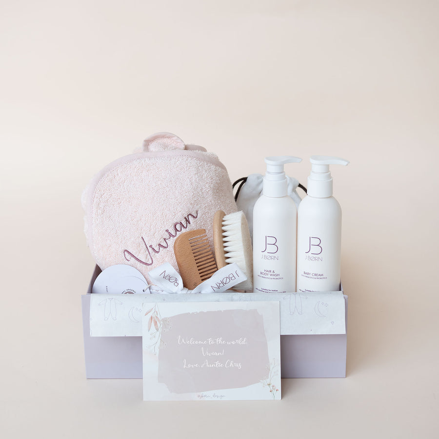JBØRN Baby Bath Gift Set | Towel, Brush Set & Skincare - Personalisable Baby Products Sold and Personalised by JustBørn