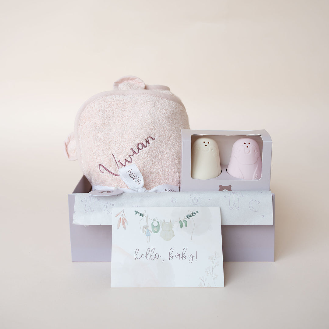 JBØRN Organic Cotton Baby Hooded Towel & Bath Toys Gift Set - Personalisable Baby Products Sold and Personalised by JustBørn