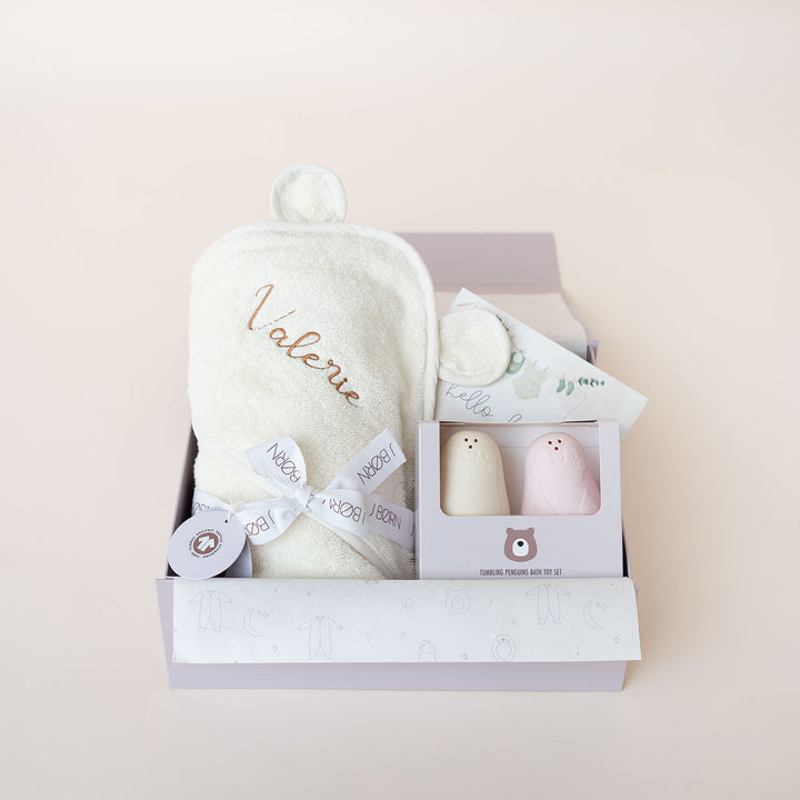 JBØRN Organic Cotton Baby Hooded Towel & Bath Toys Gift Set - Personalisable Baby Products Sold and Personalised by JustBørn