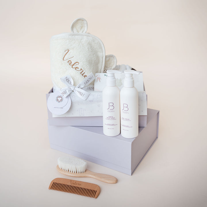 JBØRN Baby Bath Gift Set | Towel, Brush Set & Skincare - Personalisable Baby Products Sold and Personalised by JustBørn