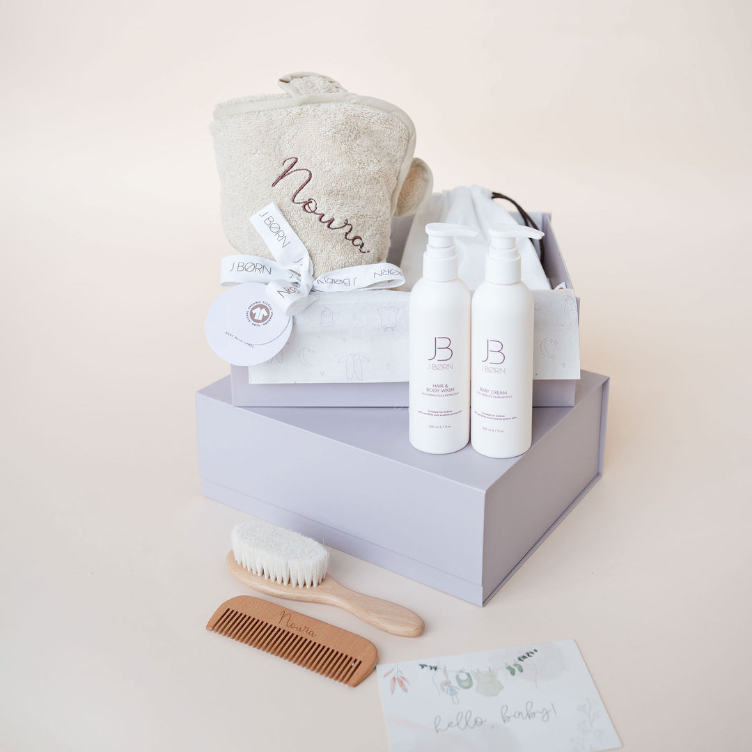 JBØRN Baby Bath Gift Set | Towel, Brush Set & Skincare - Personalisable Baby Products Sold and Personalised by JustBørn