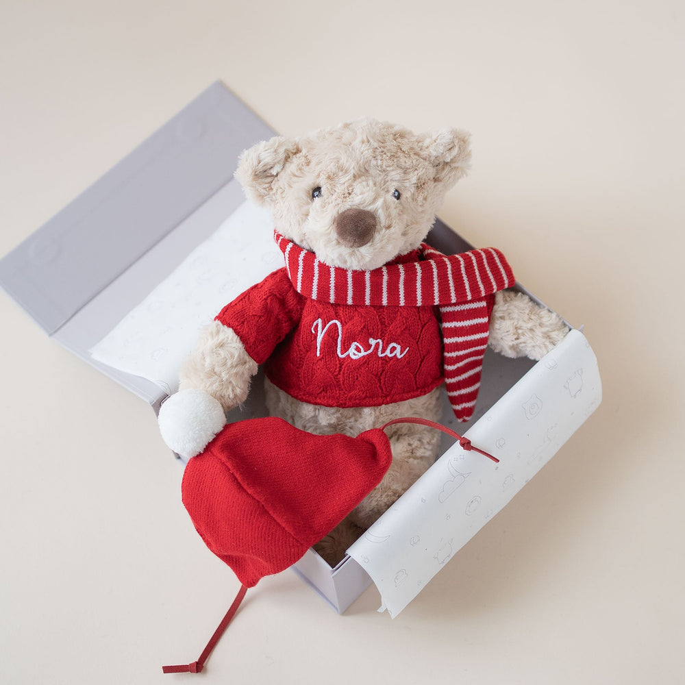 JBØRN Christmas Teddy Bear Soft Toy with Personalised Festive Outfit - Personalisable Baby Products Sold and Personalised by JustBørn