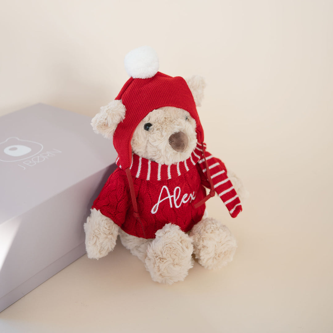 JBØRN Christmas Teddy Bear Soft Toy with Personalised Festive Outfit - Personalisable Baby Products Sold and Personalised by JustBørn