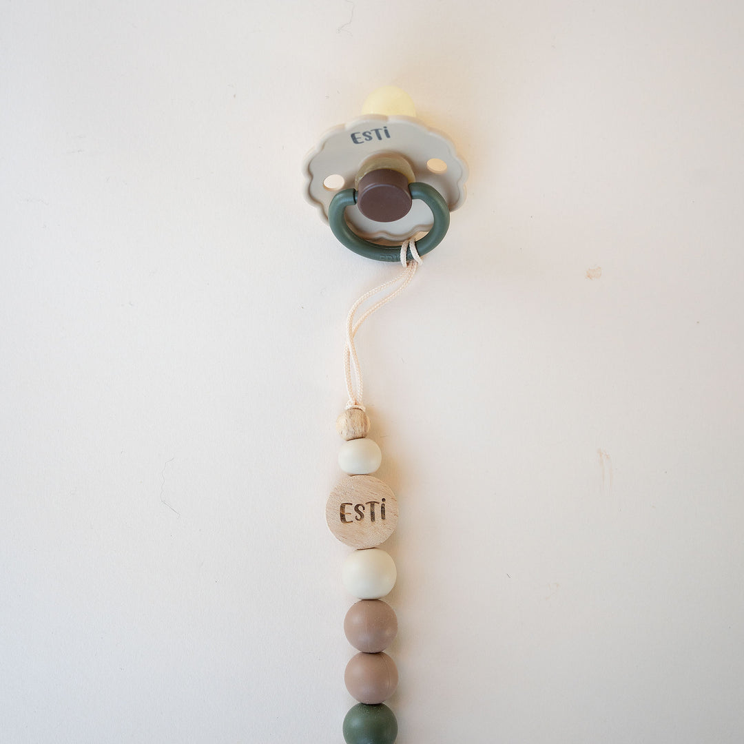 FRIGG Daisy Latex Pacifier & Matching Clip Set Acorn - Personalisable Baby Products Sold and Personalised by JustBørn