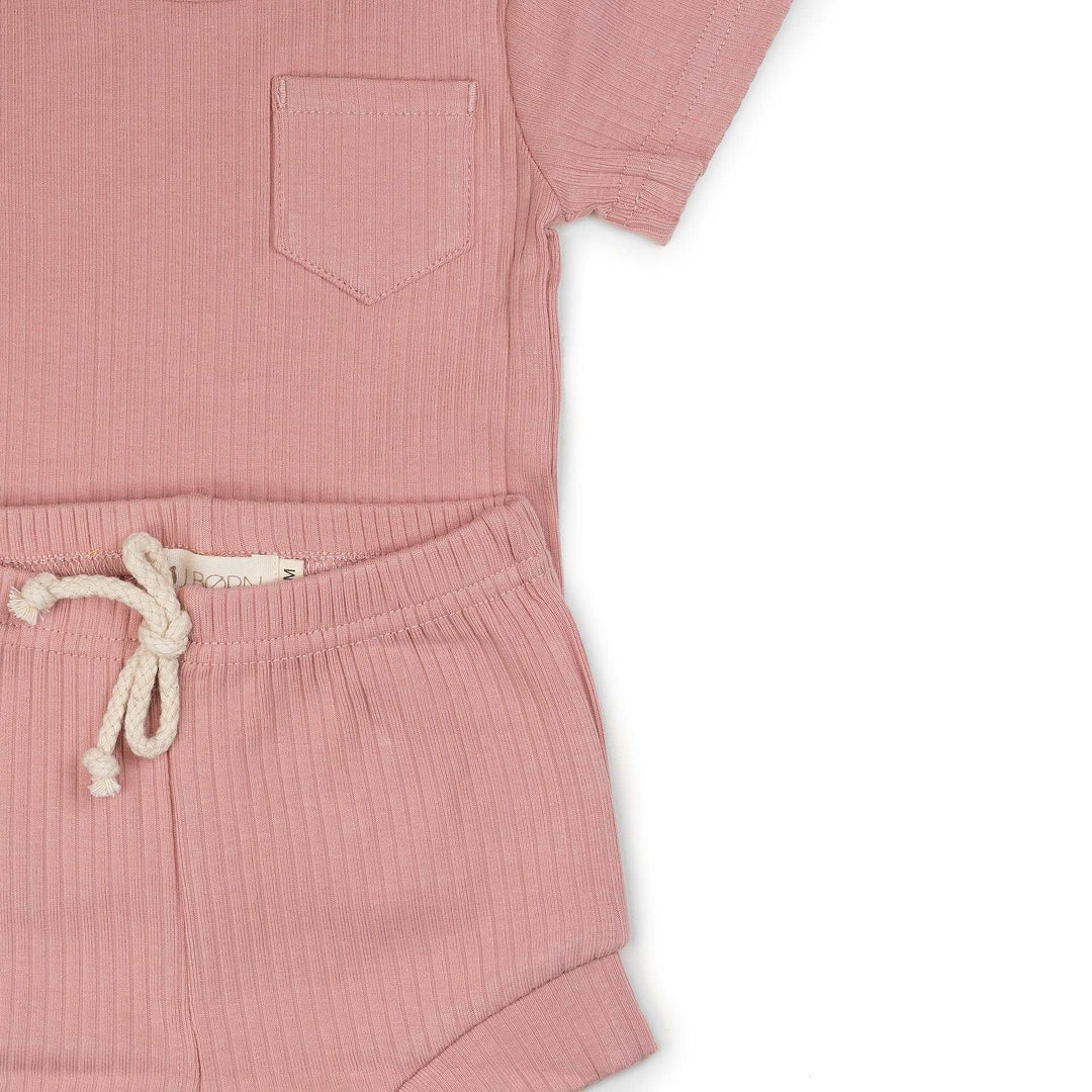 JBØRN Organic Cotton Ribbed Baby T-Shirt & Shorts Set | 12+ Months ribbed Powder Blush - Personalisable Baby Products Sold and Personalised by JustBørn
