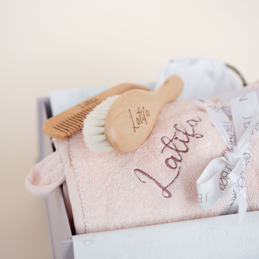 JBØRN Baby Gift Set | Organic Cotton Towel & Hair Brush Set - Personalisable Baby Products Sold and Personalised by JustBørn