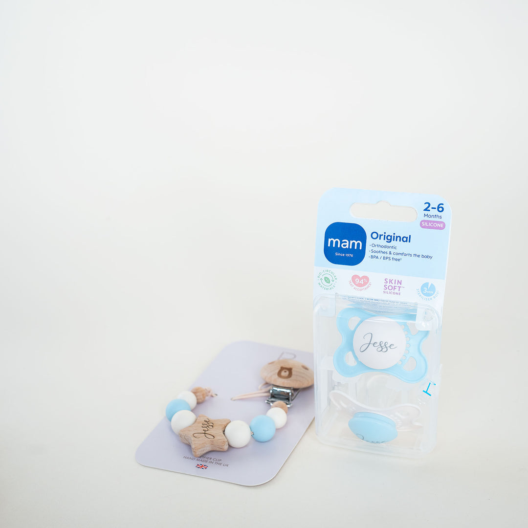 MAM Original Soother 0-6 Months & Matching Pacifier Clip Original Cream & Baby Blue No - Personalisable Baby Products Sold and Personalised by JustBørn