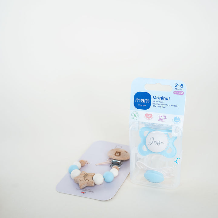 MAM Original Soother 0-6 Months & Matching Pacifier Clip Original Cream & Baby Blue No - Personalisable Baby Products Sold and Personalised by JustBørn