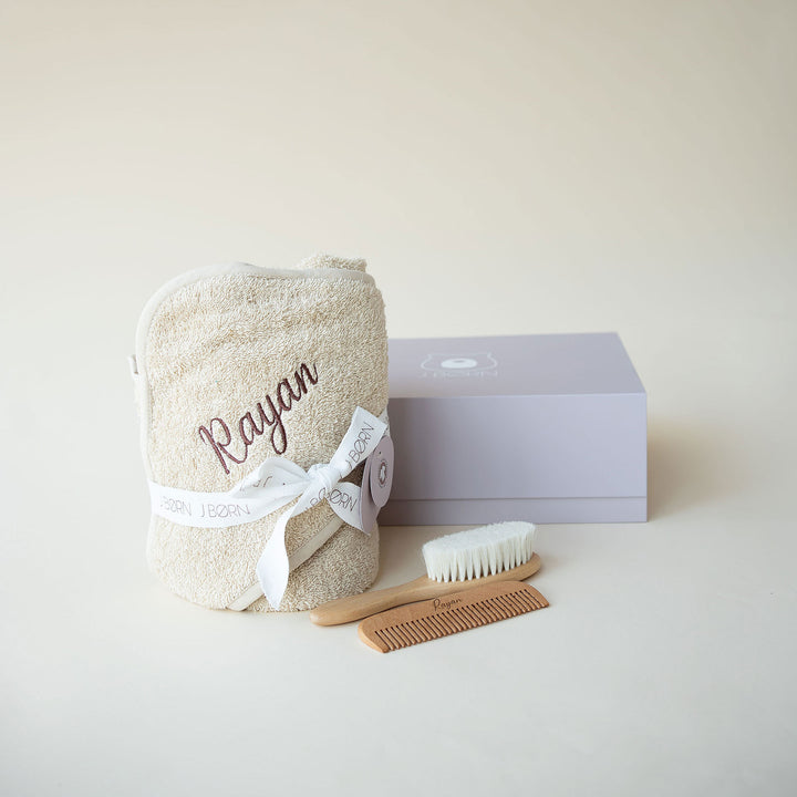 JBØRN Baby Gift Set | Organic Cotton Towel & Hair Brush Set - Personalisable Baby Products Sold and Personalised by JustBørn