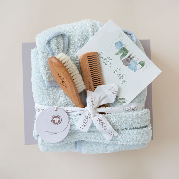 JBØRN Baby Bath Set | Organic Cotton Bathrobe & Hairbrush Set - Personalisable Baby Products Sold and Personalised by JustBørn