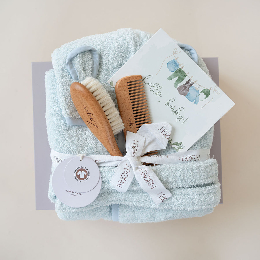 JBØRN Baby Bath Set | Organic Cotton Bathrobe & Hairbrush Set - Personalisable Baby Products Sold and Personalised by JustBørn