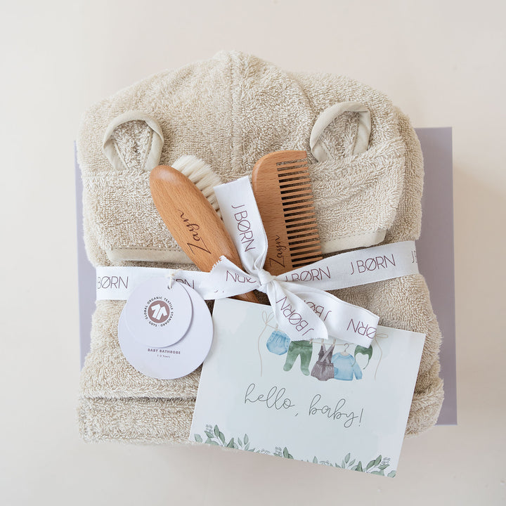 JBØRN Baby Bath Set | Organic Cotton Bathrobe & Hairbrush Set - Personalisable Baby Products Sold and Personalised by JustBørn