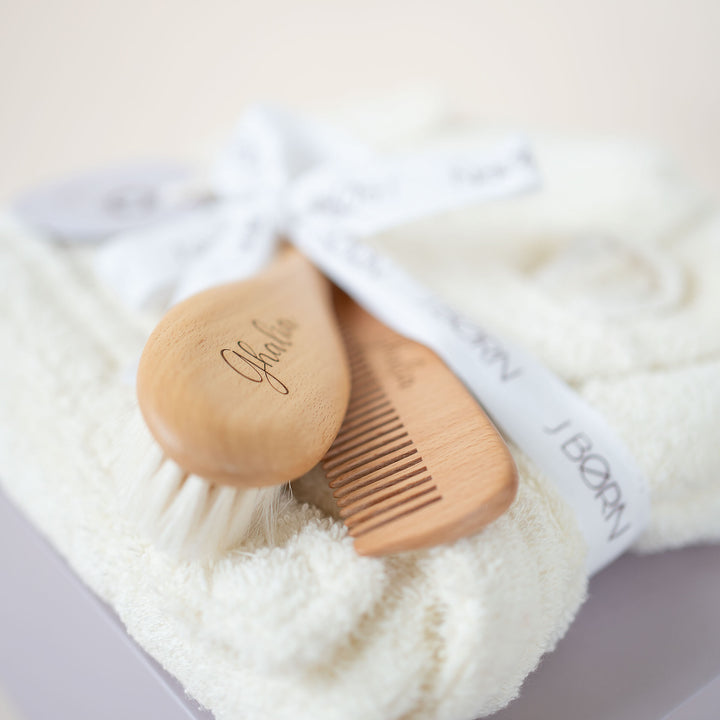 JBØRN Baby Bath Set | Organic Cotton Bathrobe & Hairbrush Set - Personalisable Baby Products Sold and Personalised by JustBørn