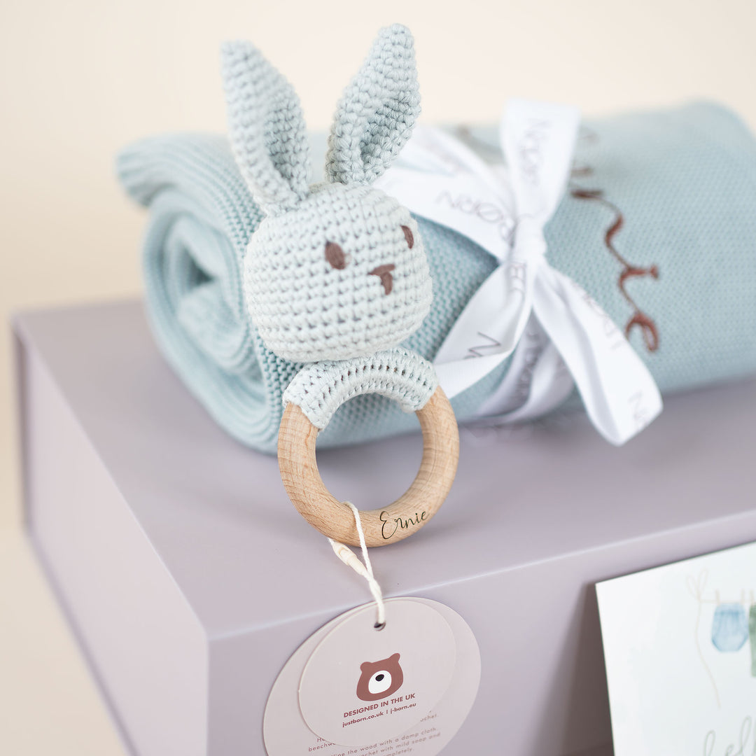 JBØRN Knitted Baby Blanket & Bunny Rattle Set - Personalisable Baby Products Sold and Personalised by JustBørn