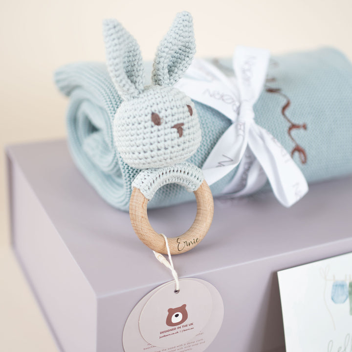 JBØRN Knitted Baby Blanket & Bunny Rattle Set - Personalisable Baby Products Sold and Personalised by JustBørn