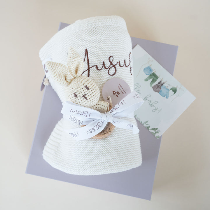 JBØRN Knitted Baby Blanket & Bunny Rattle Set - Personalisable Baby Products Sold and Personalised by JustBørn