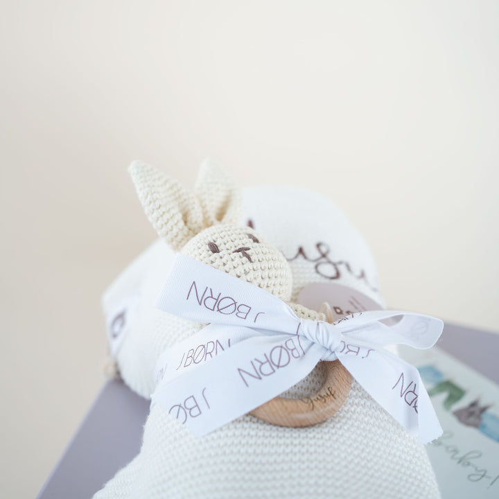 JBØRN Knitted Baby Blanket & Bunny Rattle Set - Personalisable Baby Products Sold and Personalised by JustBørn