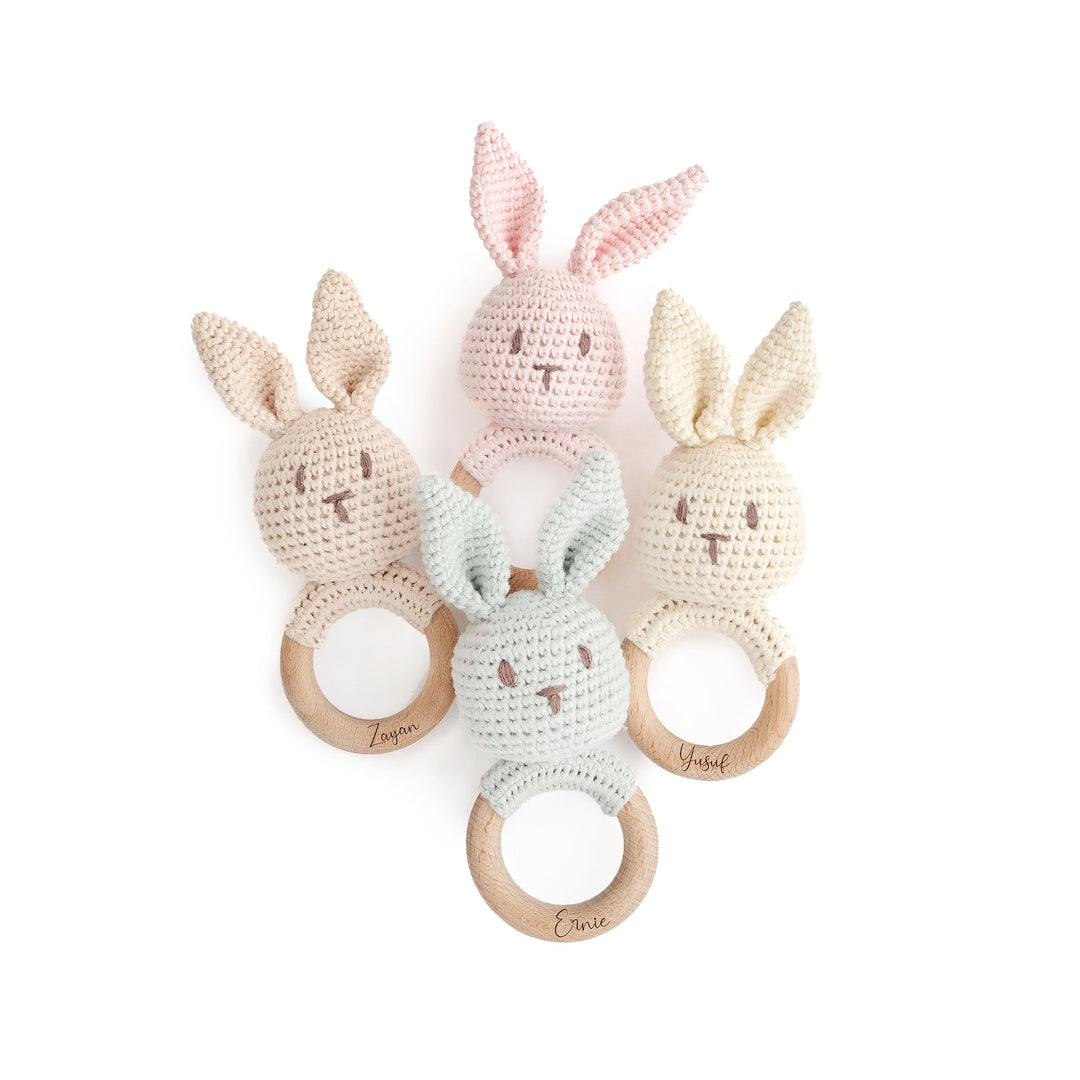JBØRN Crochet Bunny Rattle Toy - Personalisable Baby Products Sold and Personalised by JustBørn