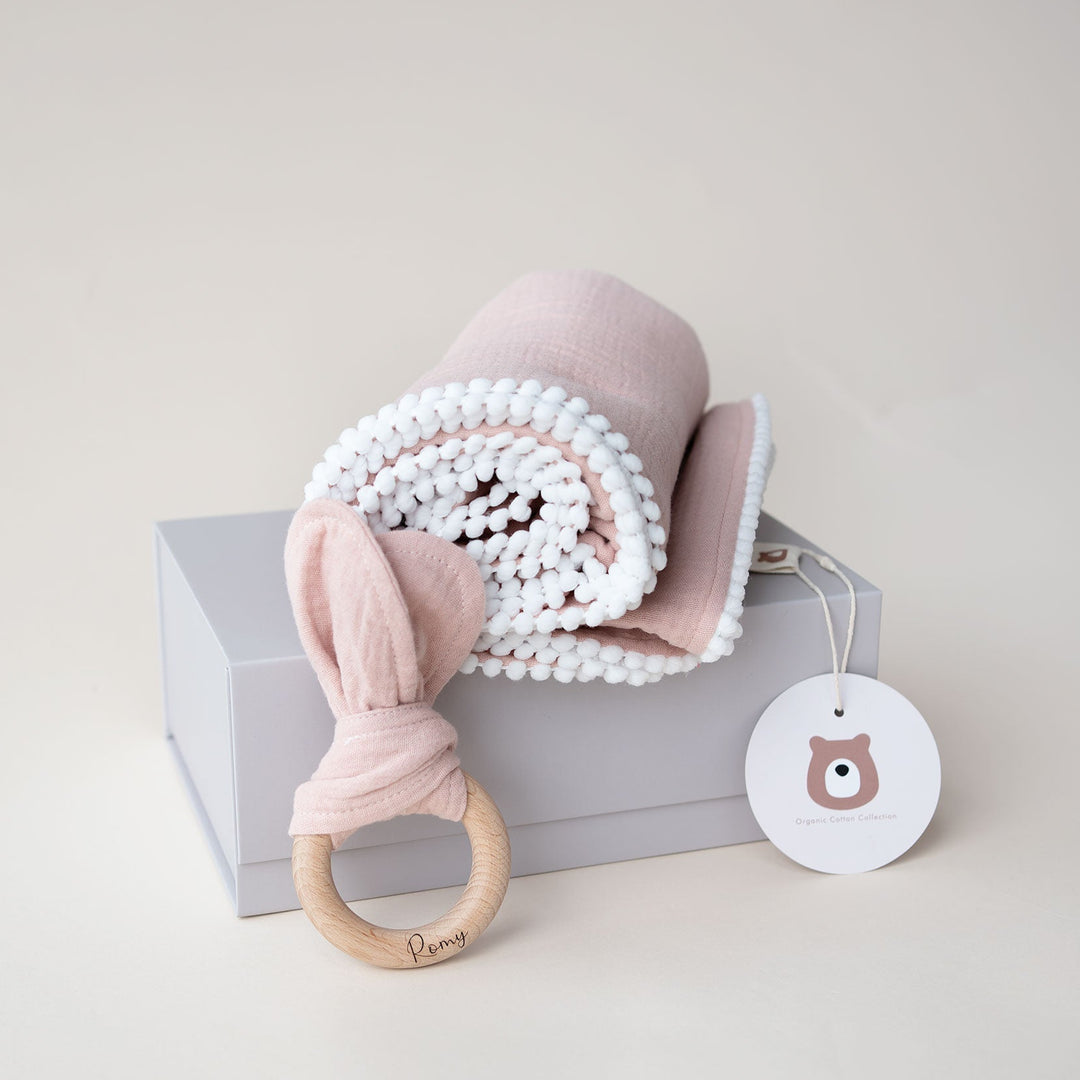 JBØRN Muslin Blanket & Wooden Teether Set | Organic Cotton Baby Swaddle - Personalisable Baby Products Sold and Personalised by JustBørn