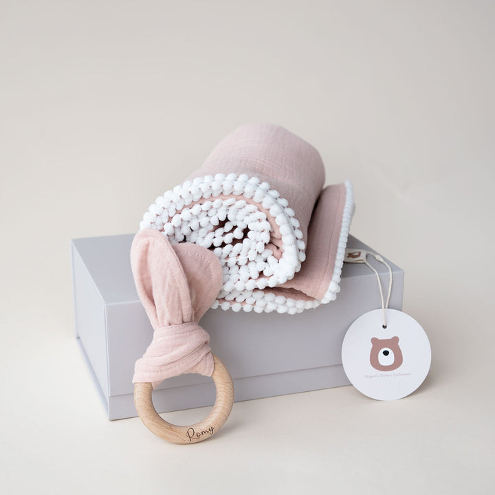 JBØRN Muslin Blanket & Wooden Teether Set | Organic Cotton Baby Swaddle - Personalisable Baby Products Sold and Personalised by JustBørn