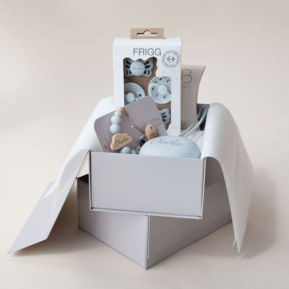 FRIGG Trial Collection Pacifiers & Personalised Holders Set Powder Blue Add Gift Box - Personalisable Baby Products Sold and Personalised by JustBørn