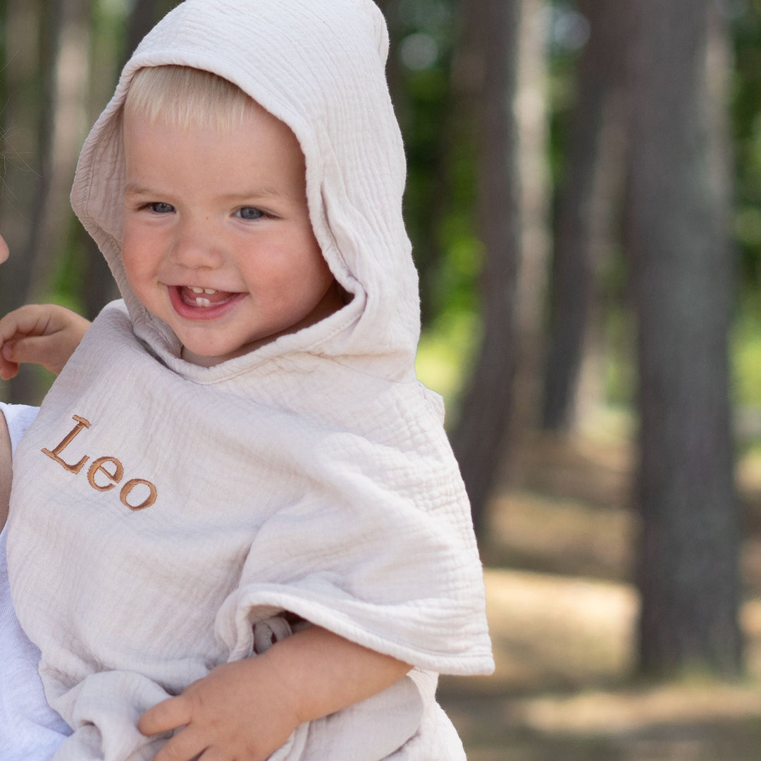 JBØRN Organic Cotton Muslin Hooded Poncho Sandstone Yes - Personalisable Baby Products Sold and Personalised by JustBørn