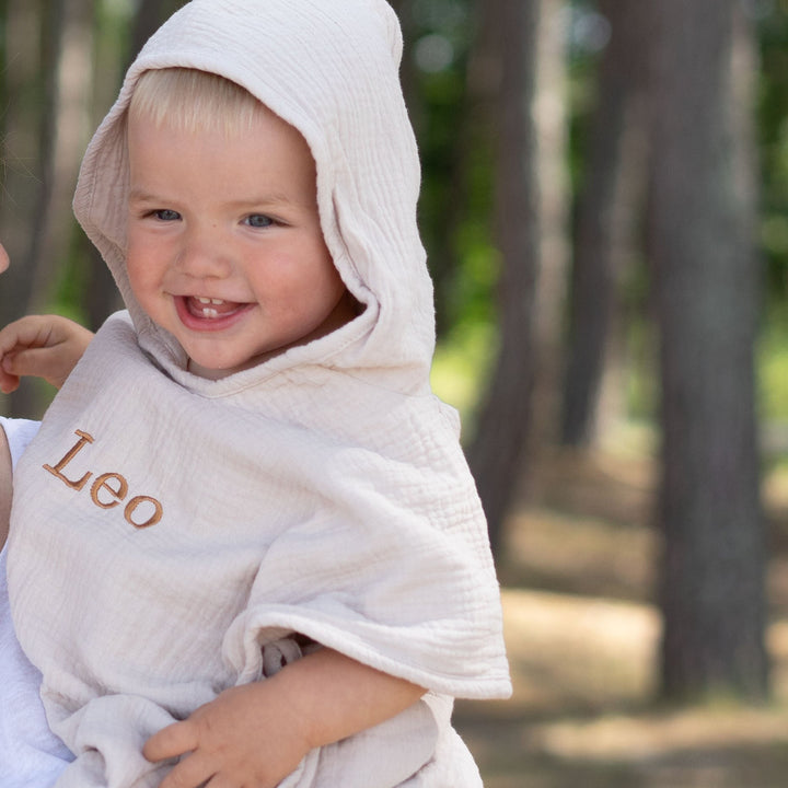 JBØRN Organic Cotton Muslin Hooded Poncho Sandstone Yes - Personalisable Baby Products Sold and Personalised by JustBørn