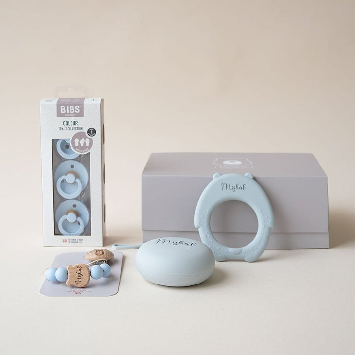 JBØRN X BIBS Gift Box | First Pacifiers with Matching Holders & Personalised Teether - Personalisable Baby Products Sold and Personalised by JustBørn