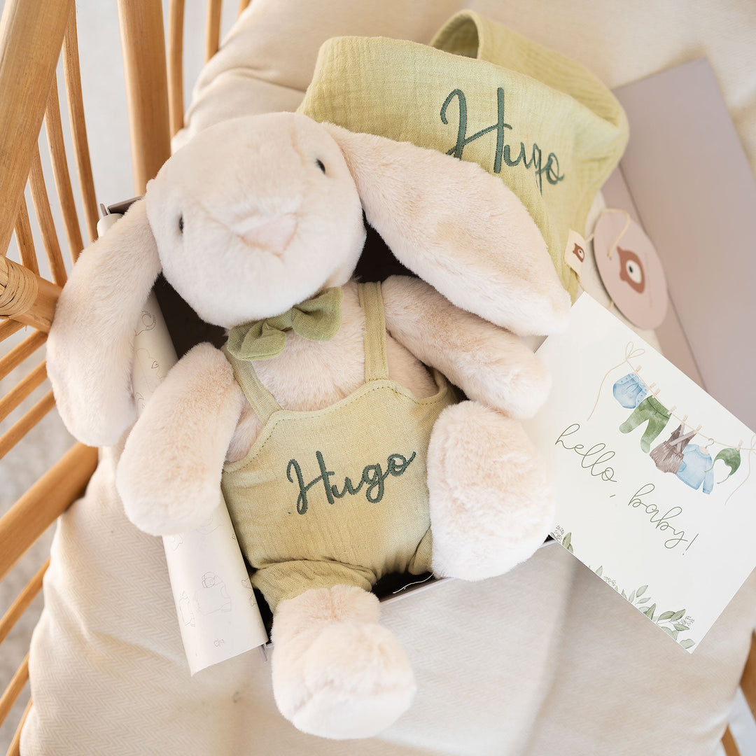 JBØRN Bunny Soft Toy & Matching Baby Bib Gift Set - Personalisable Baby Products Sold and Personalised by JustBørn