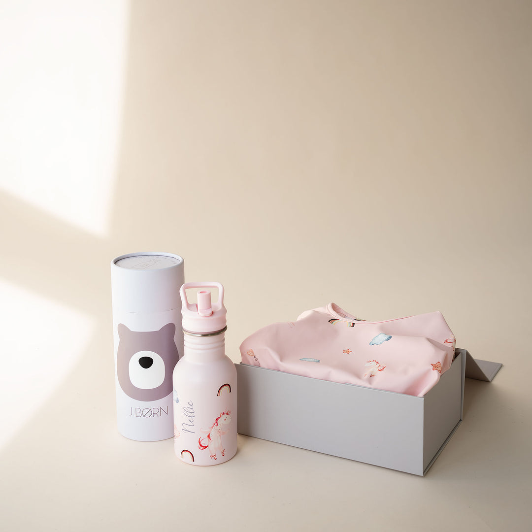 JBØRN First Birthday Gift | Personalised Water Bottle & Matching Sleeved Bib - Personalisable Baby Products Sold and Personalised by JustBørn