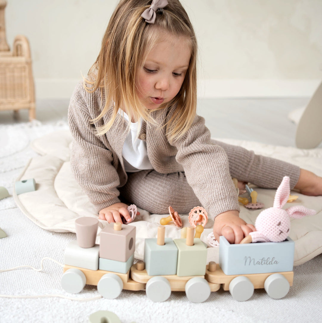 JBØRN Personalised Wooden Pull-Along Stacking Train Set - Personalisable Baby Products Sold and Personalised by JustBørn