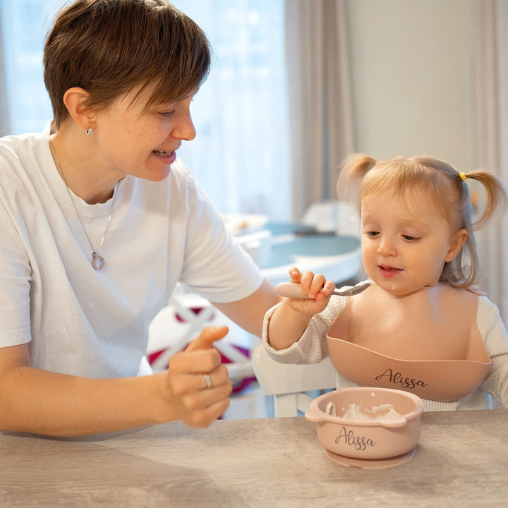 JBØRN Baby Weaning Silicone Bowl and Spoon Set - Personalisable Baby Products Sold and Personalised by JustBørn