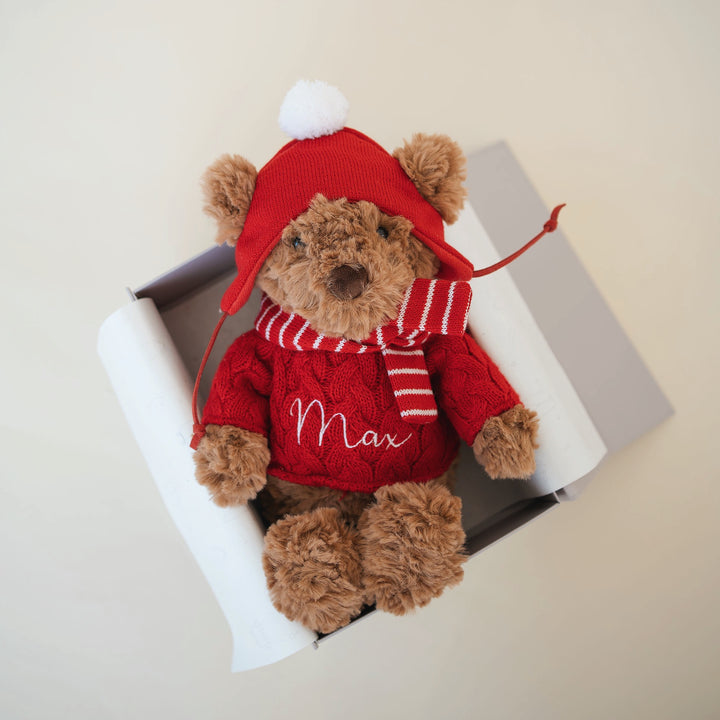 JBØRN Christmas Teddy Bear Soft Toy with Personalised Festive Outfit Brown Festive Bear Add Gift Box - Personalisable Baby Products Sold and Personalised by JustBørn