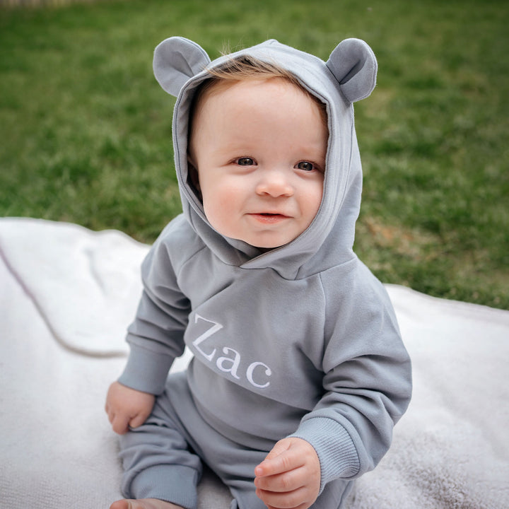 JBØRN Organic Cotton Baby Teddy Ears Hoodie & Joggers Set | Personalisable 0-3 months Stone Blue Yes - Personalisable Baby Products Sold and Personalised by JustBørn