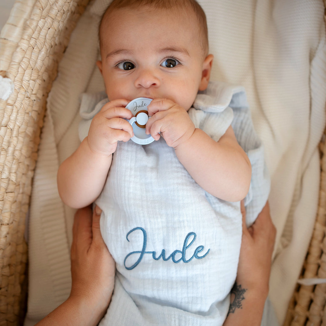 JBØRN Organic Cotton Muslin Sleep Bag & First Pacifiers Gift Set - Personalisable Baby Products Sold and Personalised by JustBørn