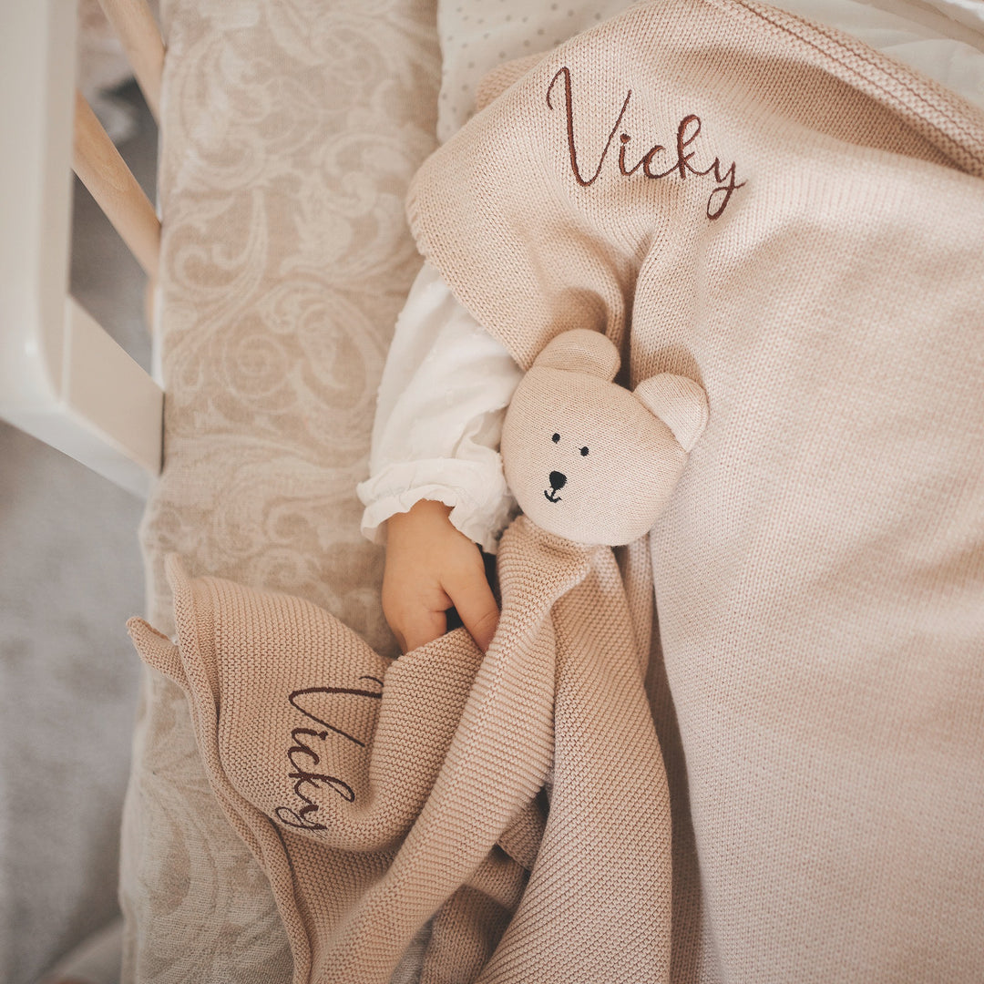 JBØRN Bear Knitted Comforter - Personalisable Baby Products Sold and Personalised by JustBørn